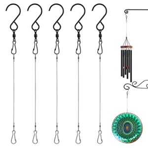 XLDLQU 5 Pack Black Swivel Hooks, 360° Stainless Steel S Hook Clips with 12.5 inch Extended Wirerope for Hanging Wind Spinners, Wind Chimes, Bird Feeder, Crystal Twisters (5 Pack)