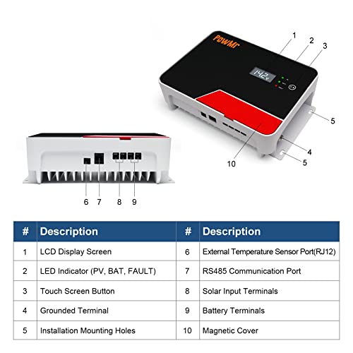 PowMr 40A Solar Charge Controller, MPPT Negative Grounded Solar Regulator Tempered Glass Cover with Bluetooth LCD Display Touch Screen, for Gel Sealed Flooded and Lithium Battery