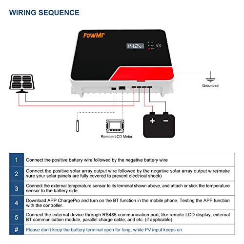 PowMr 40A Solar Charge Controller, MPPT Negative Grounded Solar Regulator Tempered Glass Cover with Bluetooth LCD Display Touch Screen, for Gel Sealed Flooded and Lithium Battery