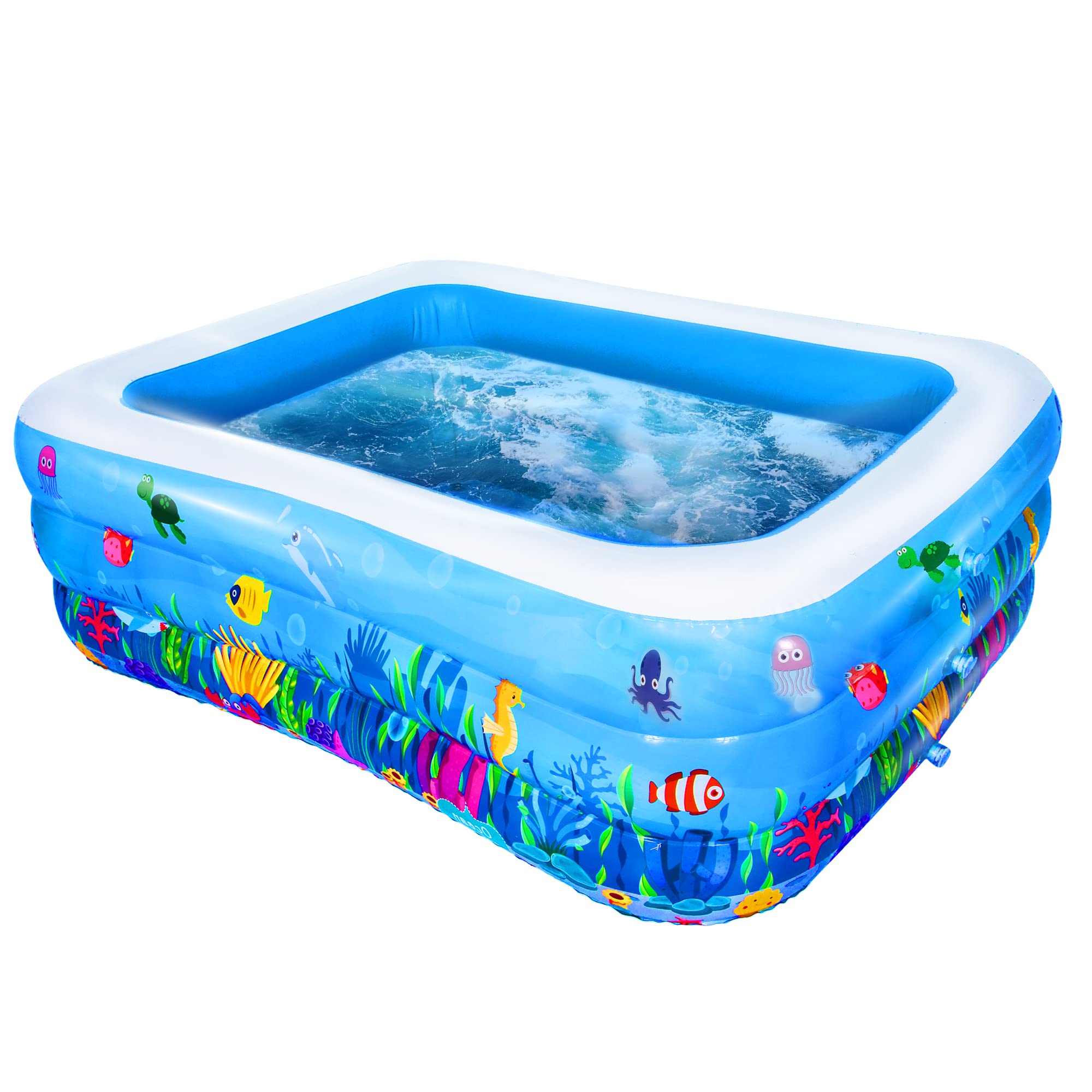 Coastrail Outdoor Inflatable Swimming Pool Full-Sized for Kids, Kiddie, Adult, 71''x 55''x 24'' Rectangular Printed Family Blow Up Pool for Outdoors, Backyard, Blue