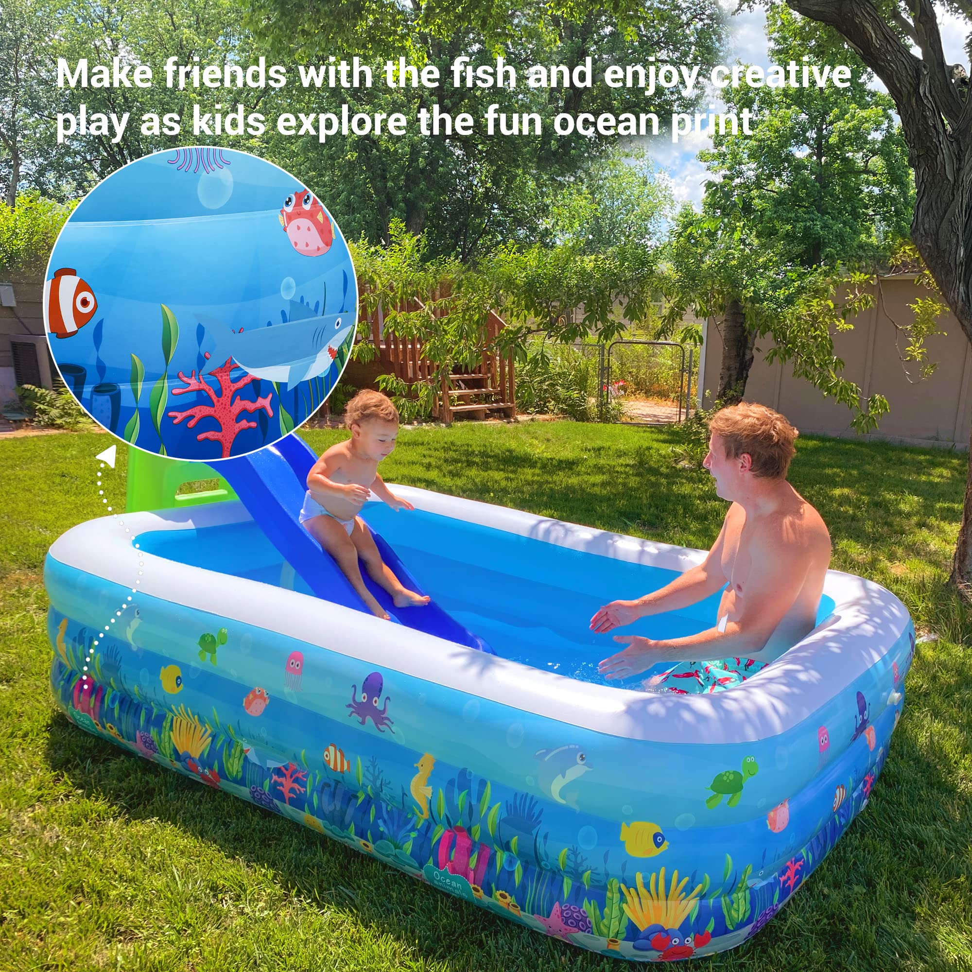 Coastrail Outdoor Inflatable Swimming Pool Full-Sized for Kids, Kiddie, Adult, 71''x 55''x 24'' Rectangular Printed Family Blow Up Pool for Outdoors, Backyard, Blue