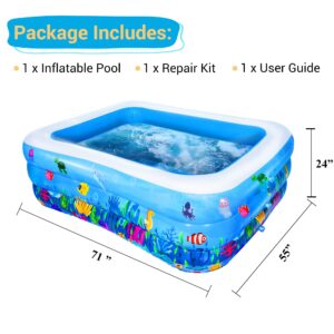 Coastrail Outdoor Inflatable Swimming Pool Full-Sized for Kids, Kiddie, Adult, 71''x 55''x 24'' Rectangular Printed Family Blow Up Pool for Outdoors, Backyard, Blue