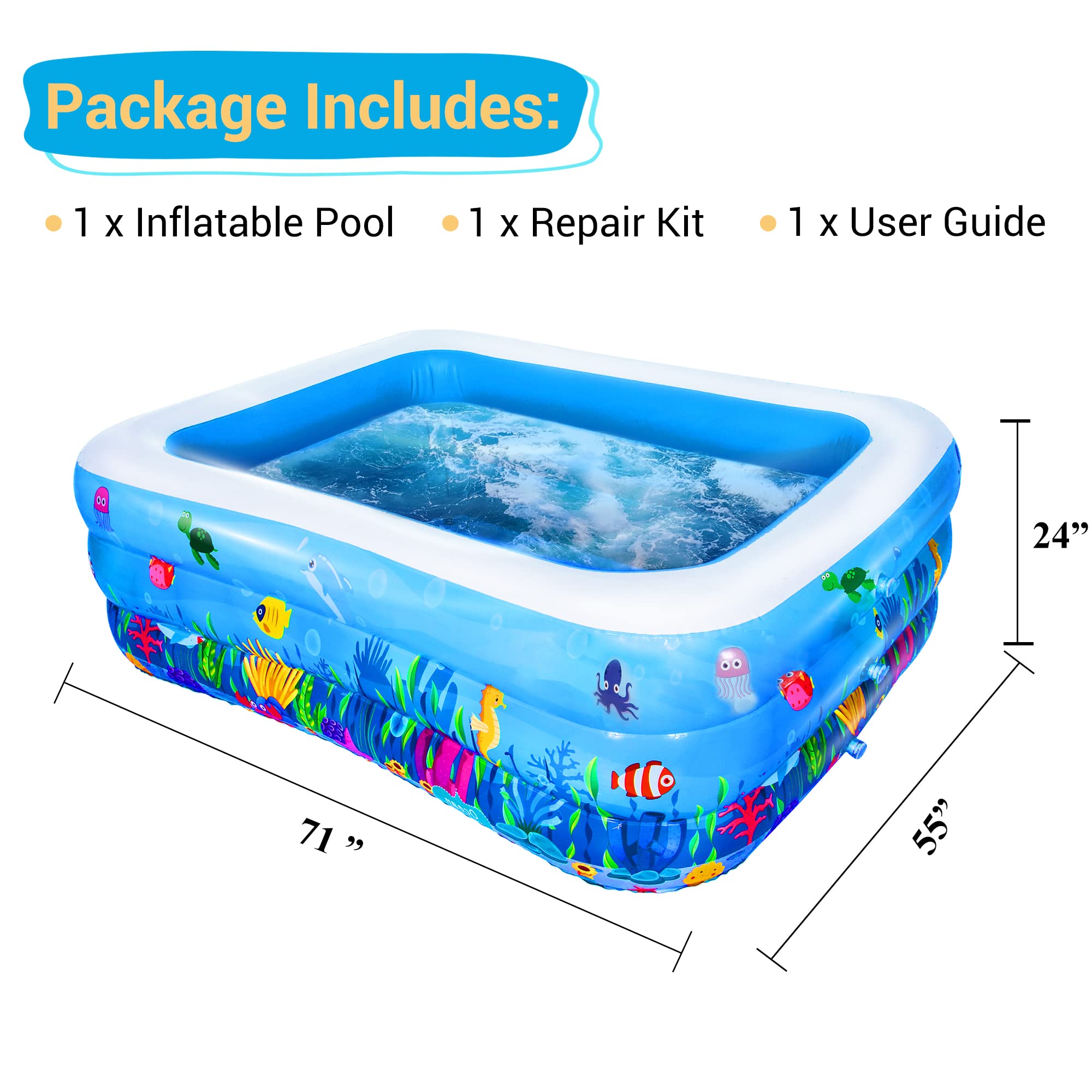 Coastrail Outdoor Inflatable Swimming Pool Full-Sized for Kids, Kiddie, Adult, 71''x 55''x 24'' Rectangular Printed Family Blow Up Pool for Outdoors, Backyard, Blue