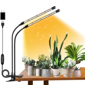 frgrow grow lights for indoor plants full spectrum, plant grow lights, 3000k/5000k/660nm plant growing lamps, clip on plant lamp with white red leds, timer setting, 10-level dimmable(2-head)