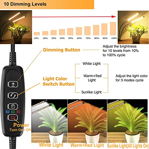 FRGROW Grow Lights for Indoor Plants Full Spectrum, Plant Grow Lights, 3000k/5000k/660nm Plant Growing Lamps, Clip on Plant Lamp with White Red LEDs, Timer Setting, 10-Level Dimmable(2-Head)