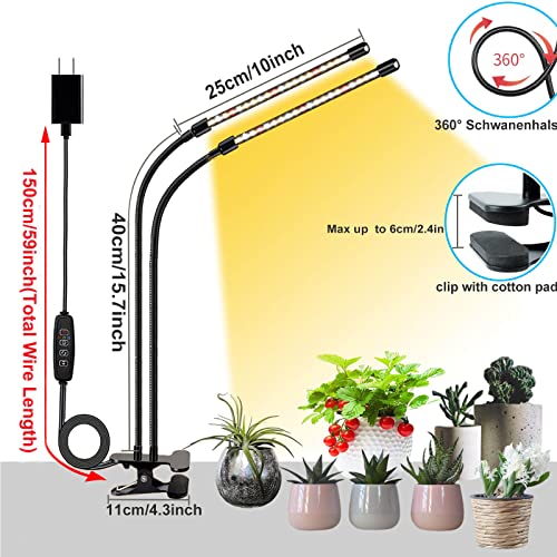 FRGROW Grow Lights for Indoor Plants Full Spectrum, Plant Grow Lights, 3000k/5000k/660nm Plant Growing Lamps, Clip on Plant Lamp with White Red LEDs, Timer Setting, 10-Level Dimmable(2-Head)