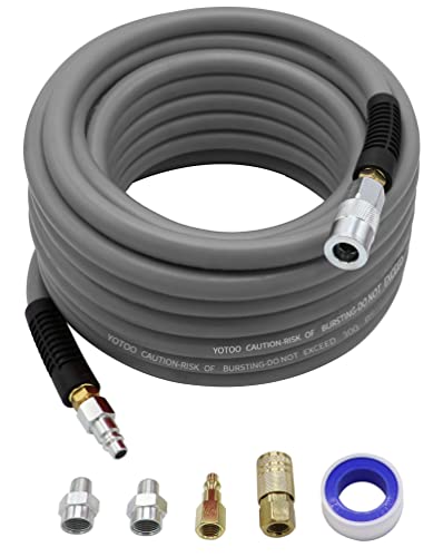 YOTOO Hybrid Air Hose 1/2-Inch I.D. by 50-Feet Long 3/8 inch MNPT Solid Brass Fittings 300 PSI Heavy Duty, Lightweight, Kink Resistant with 3/8" and 1/4" Industrial Quick Coupler Connectors, Gray