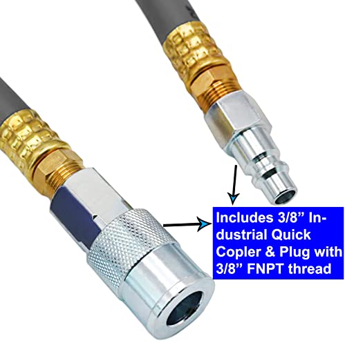 YOTOO Hybrid Air Hose 1/2-Inch I.D. by 50-Feet Long 3/8 inch MNPT Solid Brass Fittings 300 PSI Heavy Duty, Lightweight, Kink Resistant with 3/8" and 1/4" Industrial Quick Coupler Connectors, Gray