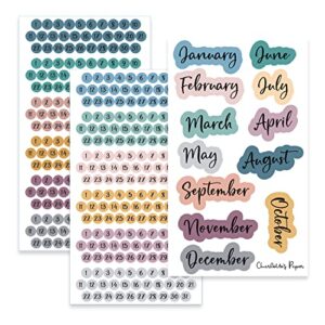 date dots 12 months, small number stickers, months stickers for planners, journal stickers for planning, vintage charm multicolor (black font)