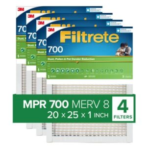 filtrete 20x25x1 air filter, mpr 700, merv 8, clean living dust, pollen and pet dander reduction 3-month pleated 1-inch air filters, 4 filters