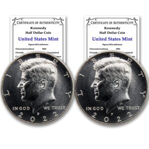 2022 p,d set of 2 kennedy half dollar coins (struck at the philadelphia mint & the denver mint) with a certificate of authenticity mint state
