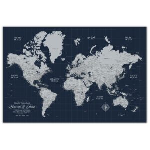 holy cow canvas personalized navy push pin world map on canvas, customize with names, travel map with pins included to track your travels, world map pin board, travel themed gift for people who travel