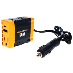 powerdrive pwd65 65 watt slim power inverter 12v dc to 110v ac with outlet and 2 ports