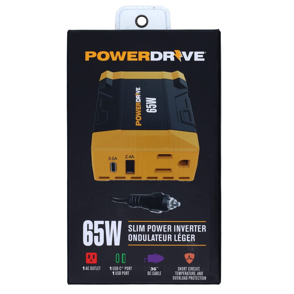 PowerDrive PWD65 65 Watt Slim Power Inverter 12v DC to 110v AC with Outlet and 2 Ports