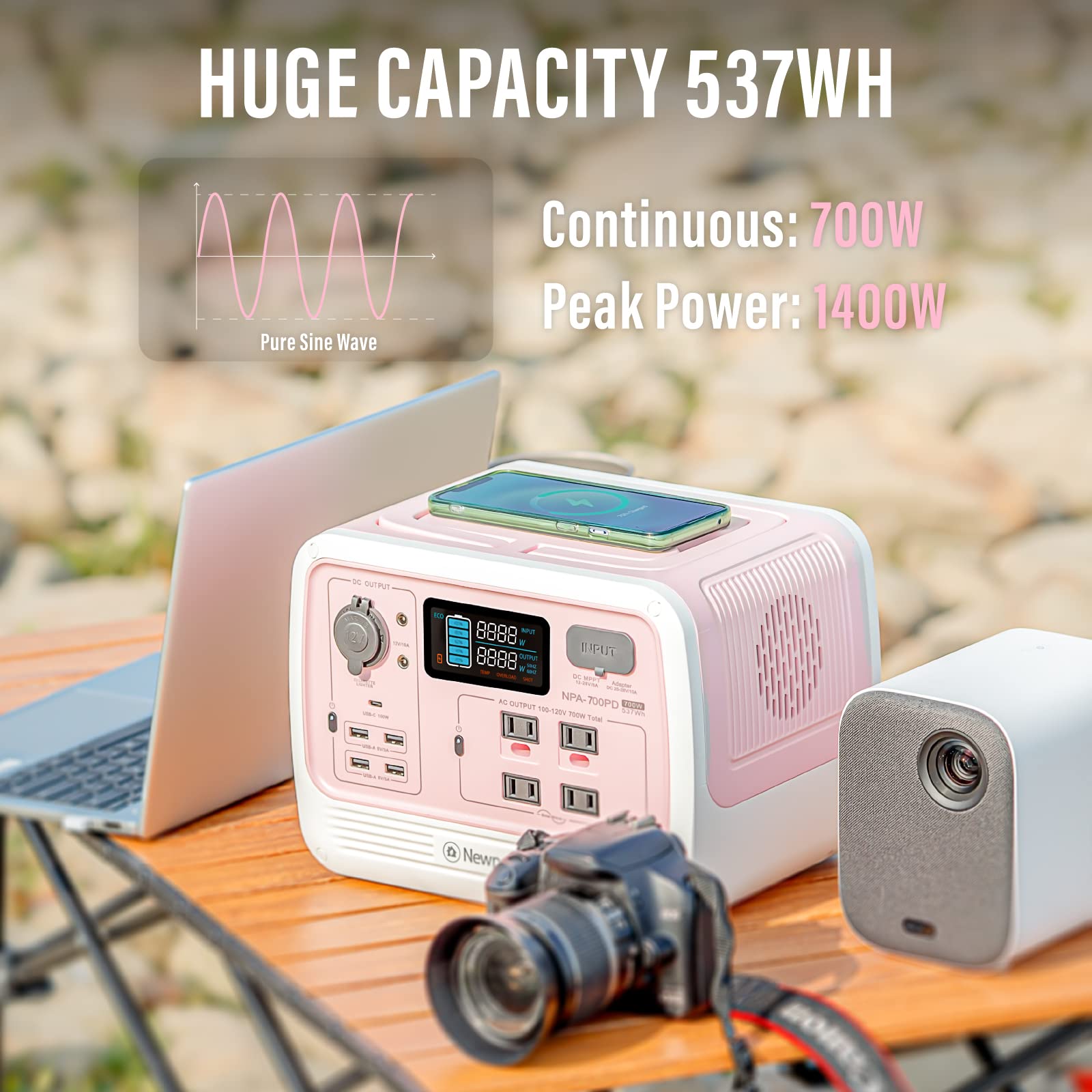 Newpowa Portable Solar Generator 700W Backup Lithium Battery Power Station, 537Wh LiFePo4 Powerbank AC 120V Outlet DC Wireless Charging, Pure Sine Wave for Outdoors Camping Travel Party Blackout