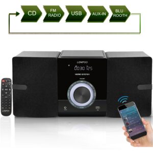 Home CD Stereo Shelf System - 30W Compact Micro Stereo System with CD Player, Bluetooth, FM Radio, Aux-in, USB Playback, 2-Way Music Crisp-Sound, DSP-Tech, Remote Control
