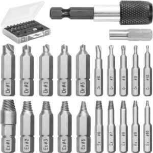 22 pc screw extractor set for stripped, broken, damaged screws - remover kit w/drill bits extractors, bit extension & socket adapter by mata1