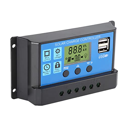 30A Solar Charge Controller,12V/ 24V Solar Panel Charge Controller,Timer Setting PWM Auto Parameter,Intelligent Regulator with 5V Dual USB Port Display Adjustable Parameter LCD Display