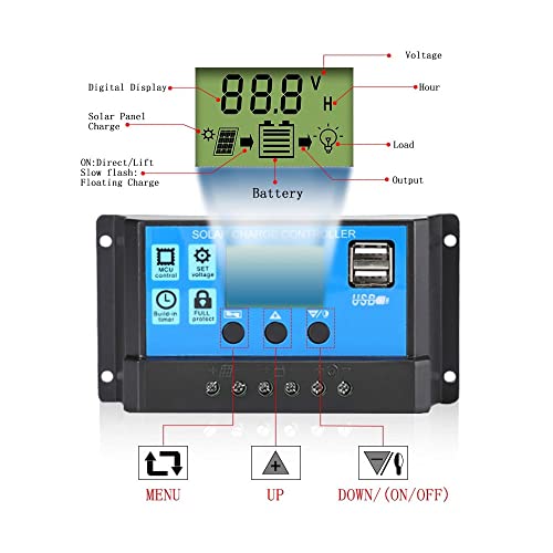 30A Solar Charge Controller,12V/ 24V Solar Panel Charge Controller,Timer Setting PWM Auto Parameter,Intelligent Regulator with 5V Dual USB Port Display Adjustable Parameter LCD Display