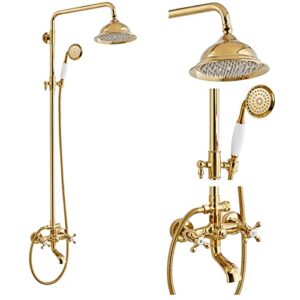gotonovo wall mount polish gold 3 functions brass exposed shower system with 8 inch shower head dual double cross handles adjustable handheld spray with tub spout bathroom shower faucet set