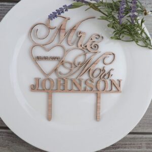 Personalized Mr & Mrs Cake Topper for Wedding,14 Colors Customized Wedding Date And Last Name To Bride and Groom,Rustic Wedding Anniversary Cake Topper