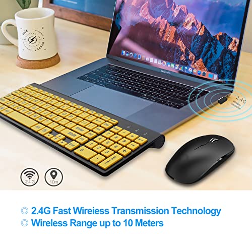 HXMJ-Wireless Large Print Keyboard and Mouse Combo with USB Receiver for Seniors and Visually Impaired Low Vision Individuals-Yellow