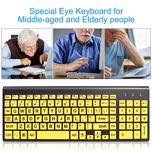 HXMJ-Wireless Large Print Keyboard and Mouse Combo with USB Receiver for Seniors and Visually Impaired Low Vision Individuals-Yellow
