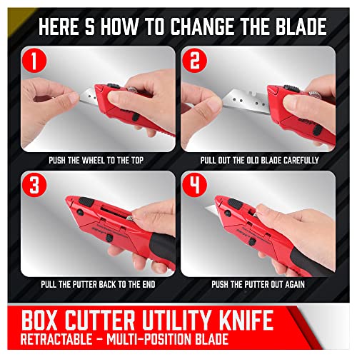 Heavy Duty Box Cutter - Retractable Utility Knife with Spare Blades, Ergonomic Design, Built-In Storage, Safe Lock System, Ideal for Cardboard, Paper, Thin Plastic Cutting - Razor Knife Boxcutter