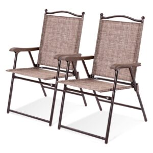 tangkula set of 2 patio folding dining chairs, outdoor sling lawn chairs with armrests, steel frame, portable camping lounge chairs for backyard, deck, poolside and garden, no assembly (brown)