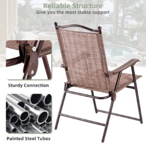 Tangkula Set of 2 Patio Folding Dining Chairs, Outdoor Sling Lawn Chairs with Armrests, Steel Frame, Portable Camping Lounge Chairs for Backyard, Deck, Poolside and Garden, No Assembly (Brown)