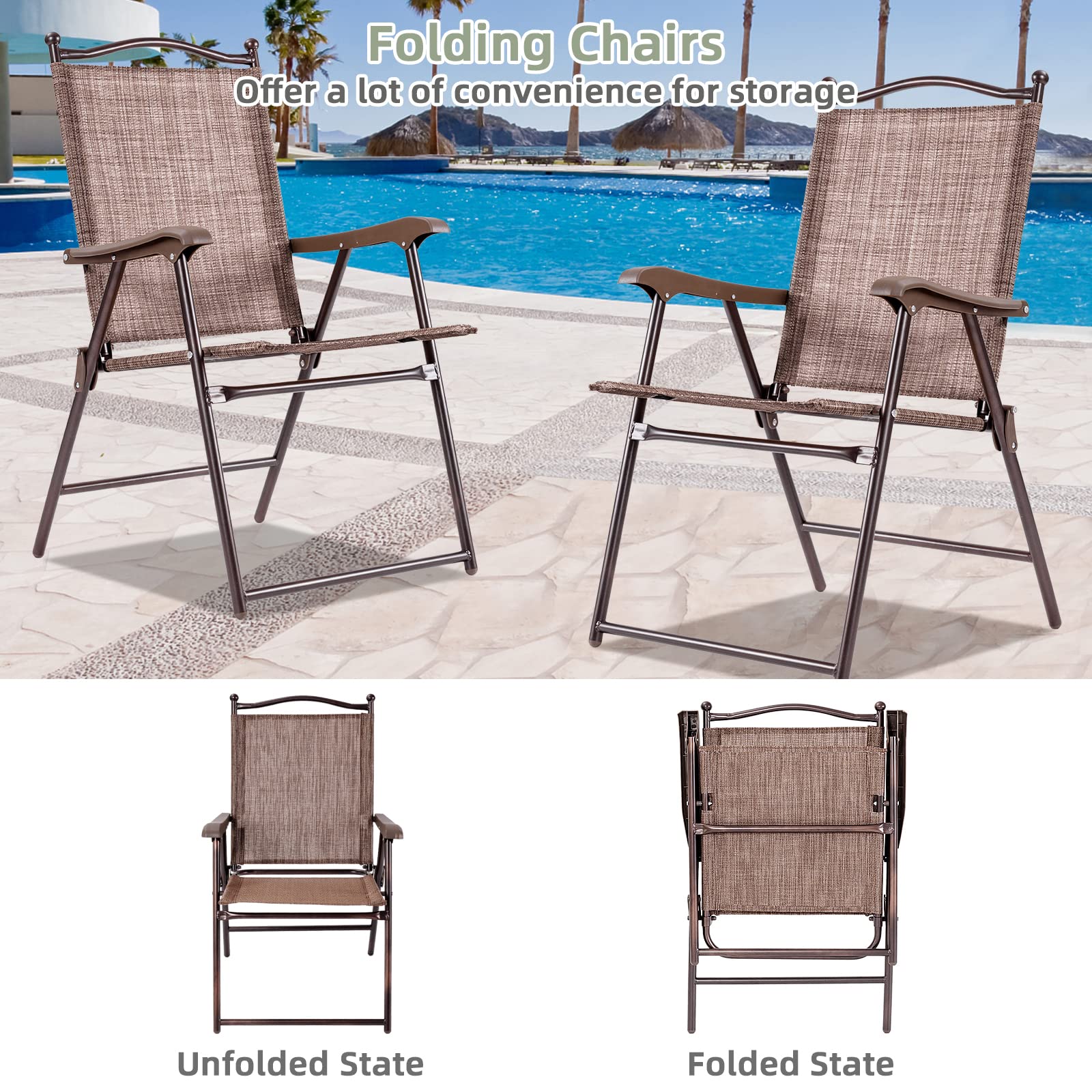 Tangkula Set of 2 Patio Folding Dining Chairs, Outdoor Sling Lawn Chairs with Armrests, Steel Frame, Portable Camping Lounge Chairs for Backyard, Deck, Poolside and Garden, No Assembly (Brown)