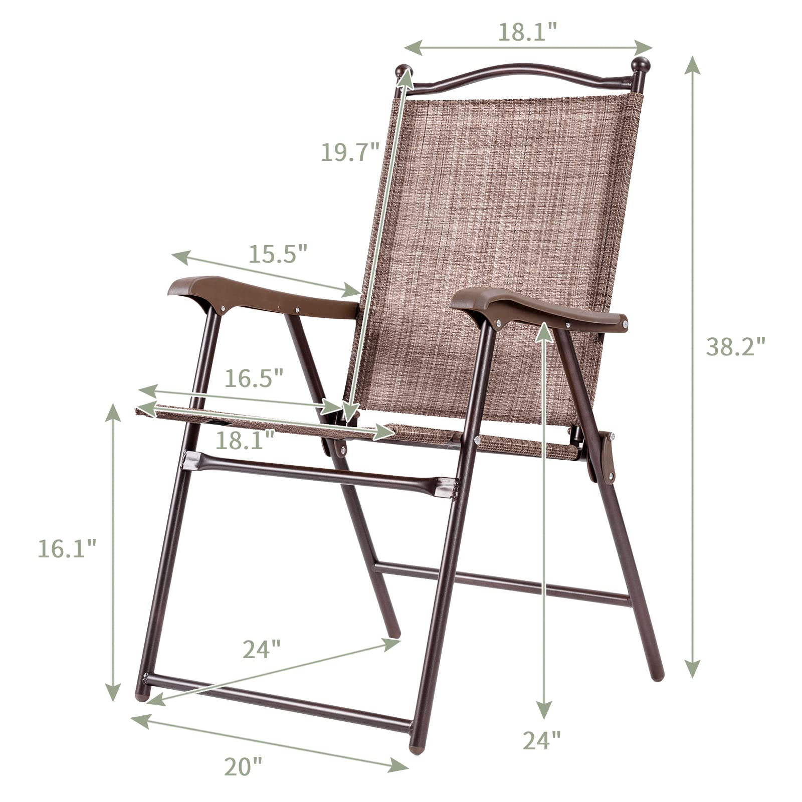 Tangkula Set of 2 Patio Folding Dining Chairs, Outdoor Sling Lawn Chairs with Armrests, Steel Frame, Portable Camping Lounge Chairs for Backyard, Deck, Poolside and Garden, No Assembly (Brown)