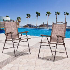 Tangkula Set of 2 Patio Folding Dining Chairs, Outdoor Sling Lawn Chairs with Armrests, Steel Frame, Portable Camping Lounge Chairs for Backyard, Deck, Poolside and Garden, No Assembly (Brown)