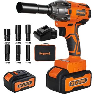heywork power cordless impact wrench,1/2" impact gun max torque 260ft-lbs (350n.m) 3700rpm,21v electric impact drill driver kit for car/home 2*4.0a li-ion battery and fast charger,6pcs sockets