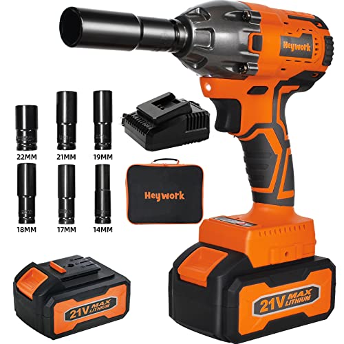 Heywork Power Cordless Impact Wrench,1/2" Impact Gun Max Torque 260Ft-lbs (350N.m) 3700RPM,21V Electric Impact Drill Driver Kit For Car/Home 2*4.0A Li-ion Battery and Fast Charger,6Pcs Sockets