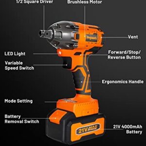 Heywork Power Cordless Impact Wrench,1/2" Impact Gun Max Torque 260Ft-lbs (350N.m) 3700RPM,21V Electric Impact Drill Driver Kit For Car/Home 2*4.0A Li-ion Battery and Fast Charger,6Pcs Sockets