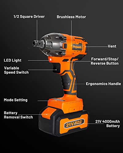 Heywork Power Cordless Impact Wrench,1/2" Impact Gun Max Torque 260Ft-lbs (350N.m) 3700RPM,21V Electric Impact Drill Driver Kit For Car/Home 2*4.0A Li-ion Battery and Fast Charger,6Pcs Sockets