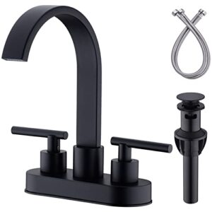 dikurooms bathroom faucet 2 handle 4 inch centerset lavatory vanity sink faucet with overflow pop-up drain and cupc water supply lines, square shaped 360 degree swivel waterfall spout, matte black