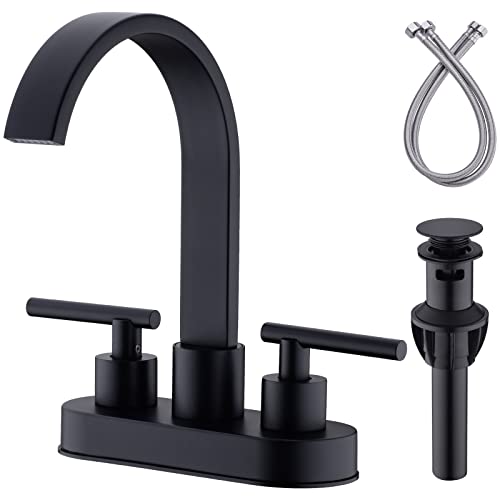 DIKUROOMS Bathroom Faucet 2 Handle 4 Inch Centerset Lavatory Vanity Sink Faucet with Overflow Pop-Up Drain and cUPC Water Supply Lines, Square Shaped 360 Degree Swivel Waterfall Spout, Matte Black