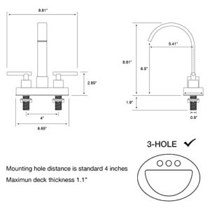 DIKUROOMS Bathroom Faucet 2 Handle 4 Inch Centerset Lavatory Vanity Sink Faucet with Overflow Pop-Up Drain and cUPC Water Supply Lines, Square Shaped 360 Degree Swivel Waterfall Spout, Matte Black