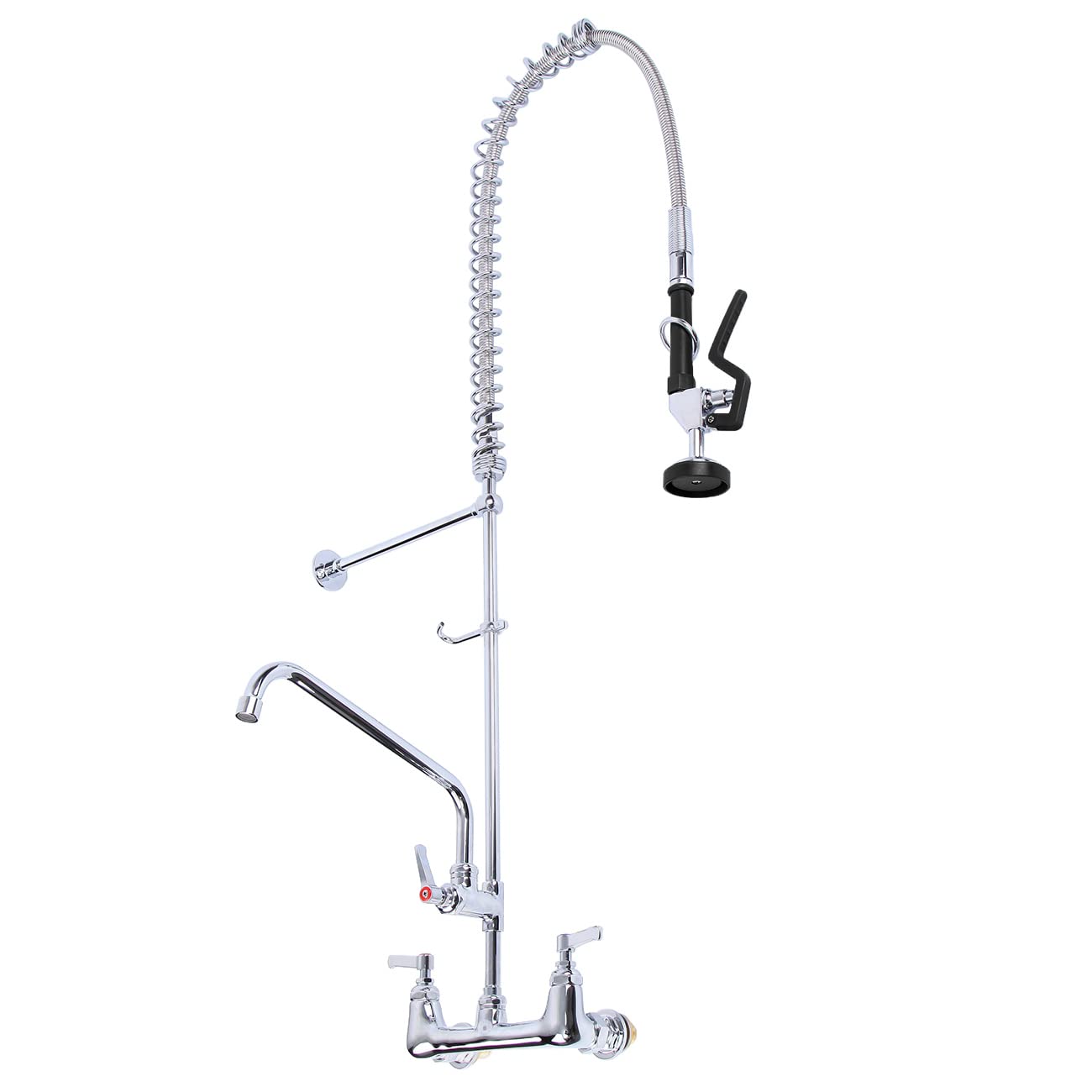 Youwise Commercial Pre-Rinse Faucet with Sprayer 8" Center 47" Height Wall Mounted Kitchen Sink with Pull Down Sprayer and 12" Add-on Spout for Home Restaurant Industrial Black