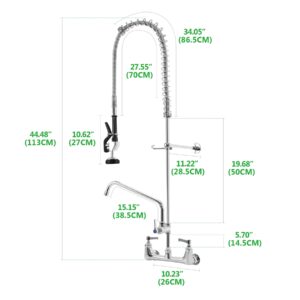 Youwise Commercial Pre-Rinse Faucet with Sprayer 8" Center 47" Height Wall Mounted Kitchen Sink with Pull Down Sprayer and 12" Add-on Spout for Home Restaurant Industrial Black