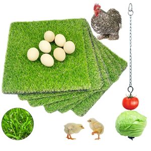 6+1 pack chicken nesting box pads with vegetable skewer string feeder, washable nesting pads for chicken coop, artificial grass rug carpet synthetic turf mat - 12"x12"x0.78"