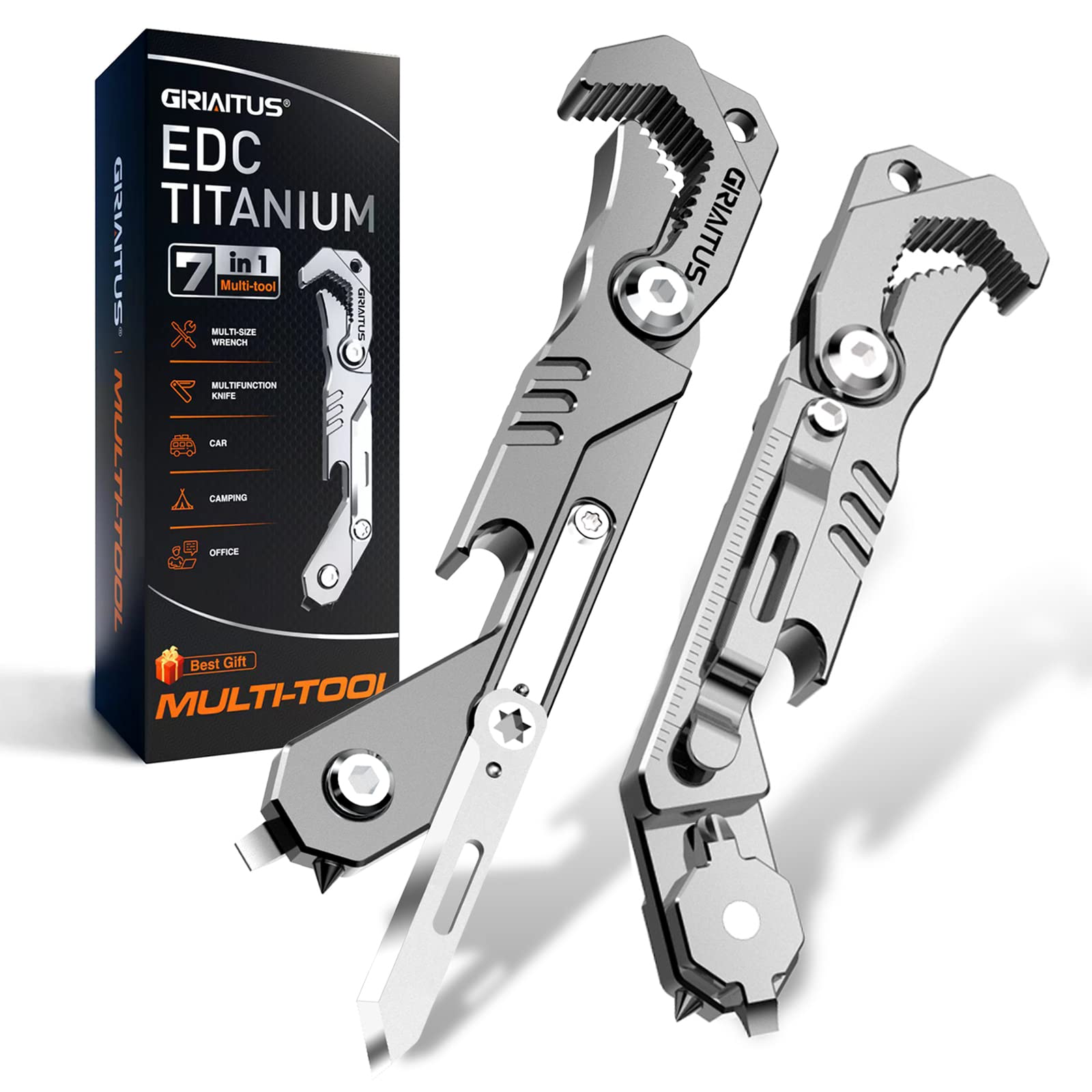 EDC Multitool 7 in 1 with knife, Wrench, Folding Knife, Screwdriver, Bottle Opene, Ruler, Urgent Car Window Breaker and Seatbelt Cutter, EDC Pocket Multi Tool for Gifts for Men (Bright silver)