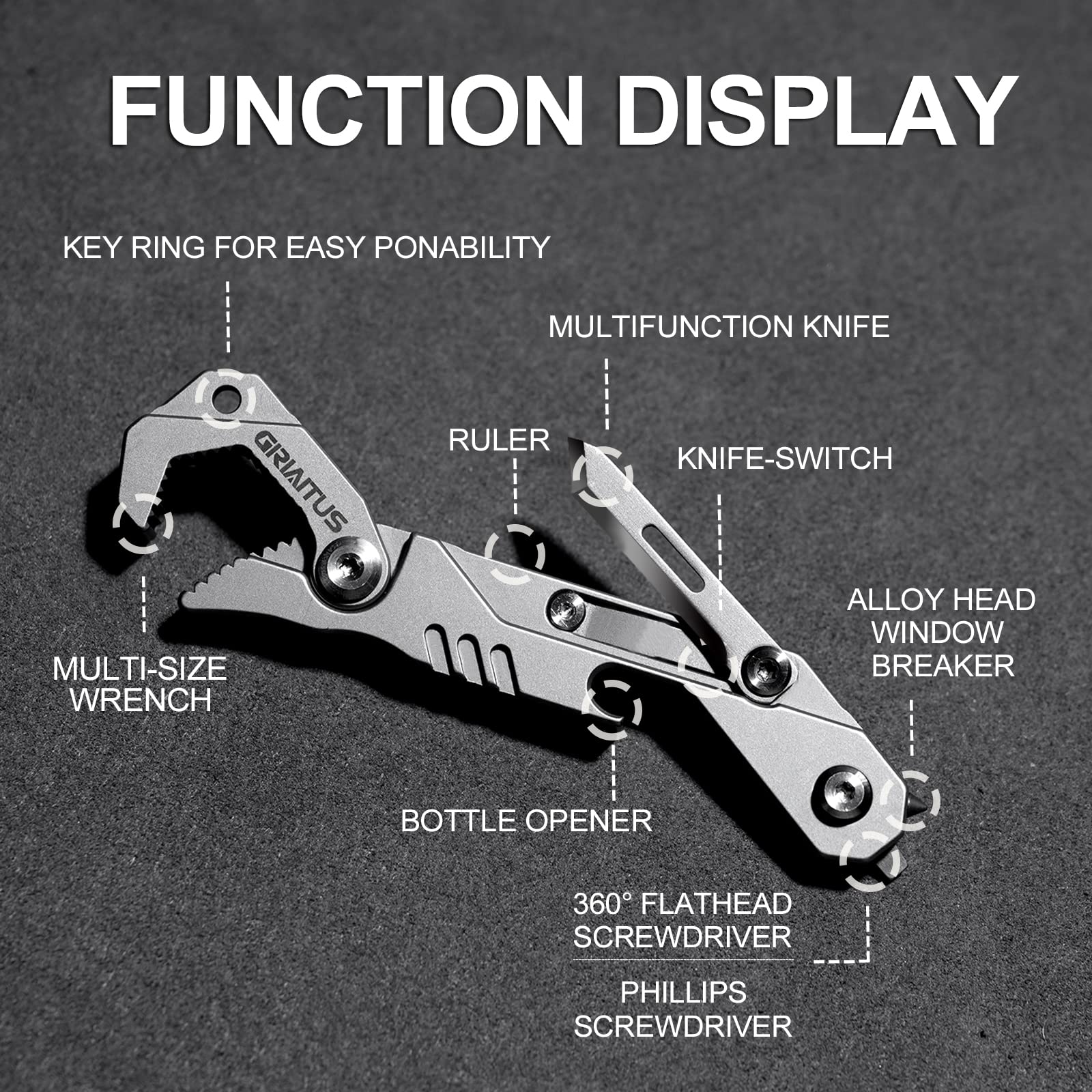 EDC Multitool 7 in 1 with knife, Wrench, Folding Knife, Screwdriver, Bottle Opene, Ruler, Urgent Car Window Breaker and Seatbelt Cutter, EDC Pocket Multi Tool for Gifts for Men (Bright silver)