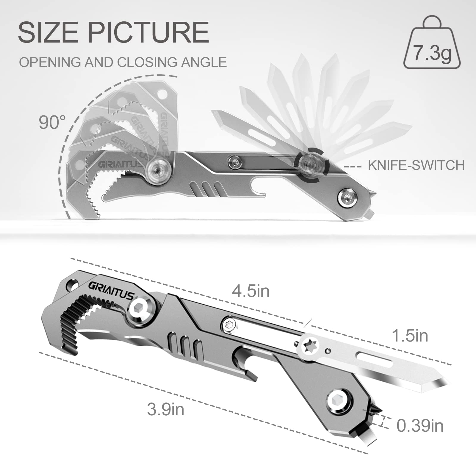 EDC Multitool 7 in 1 with knife, Wrench, Folding Knife, Screwdriver, Bottle Opene, Ruler, Urgent Car Window Breaker and Seatbelt Cutter, EDC Pocket Multi Tool for Gifts for Men (Bright silver)