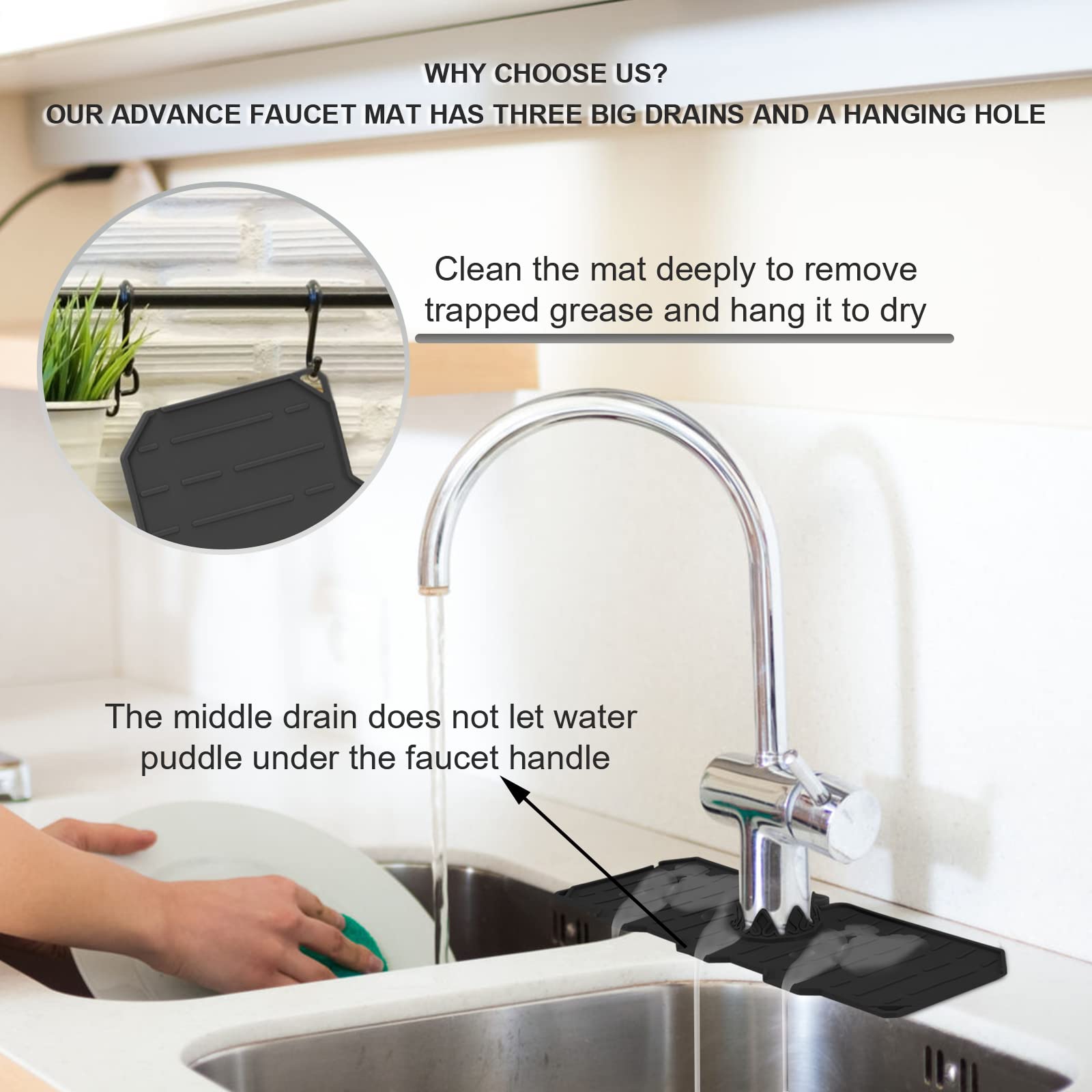 Deehas 2in1 Premium Silicone Kitchen Sink Splash Guard with Matching Sink Tray-3 Big Drains & a Hanging Hole, Perfect Faucet Handle Drip Catcher Tray, Counter Protector & Organizer-Black