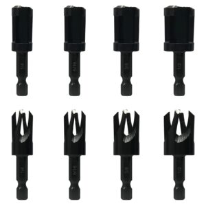 wood plug cutters, 4 pcs straight wood plug cutters & 4 pcs tapered plug cutters set with 1/4 hex shank, taper cutting tool cork drill bit knifes in 4 sizes 1/4", 5/16", 3/8", and 1/2" black