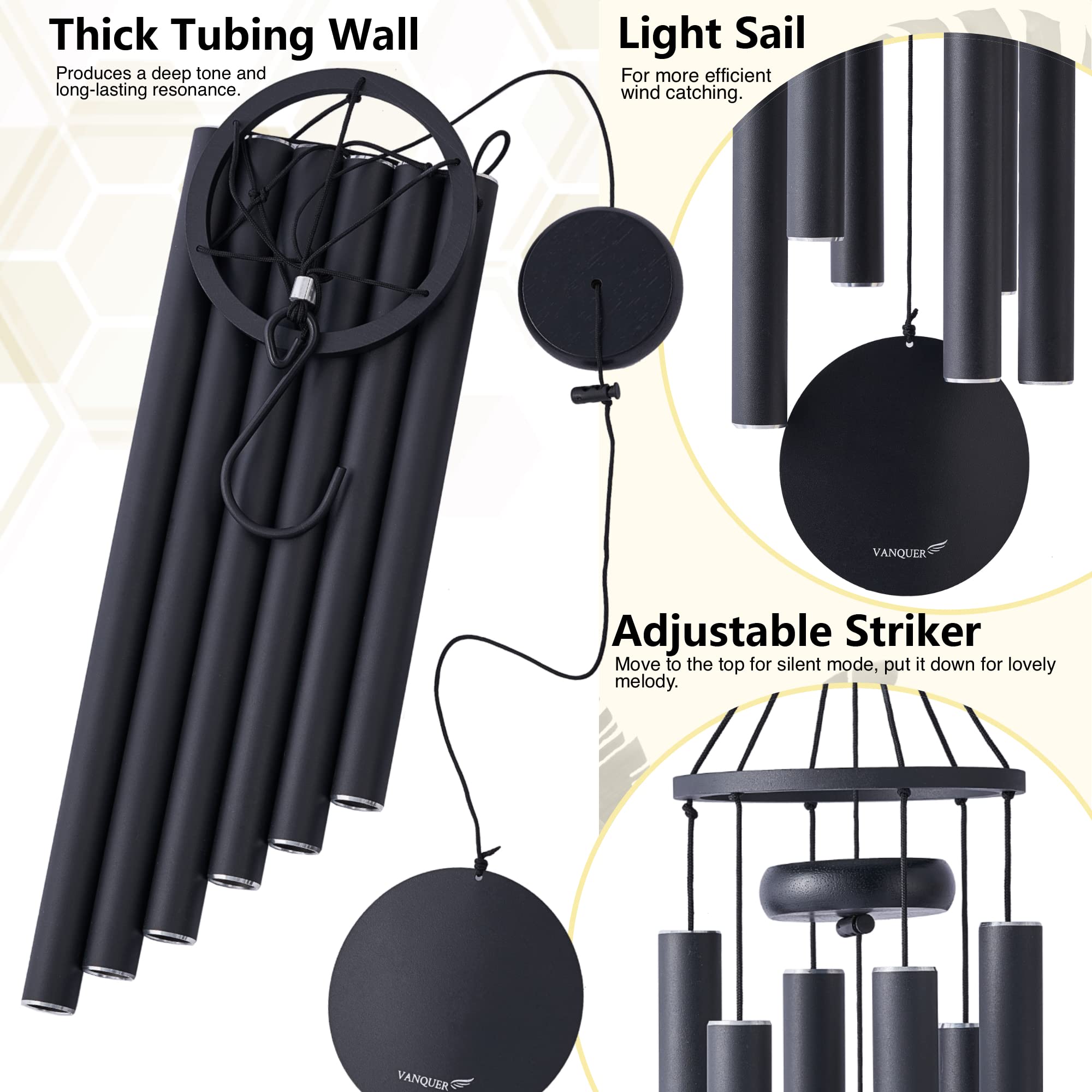 Vanquer Wind Chimes for Outside Deep Tone - 38'' Wind Chimes Outdoor Clearance, Memorial Wind Chimes, Sympathy Gift, Garden Patio, Home Décor Black