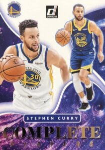 stephen curry 2021 2022 donruss complete players basketball series mint insert card #7 picturing him in his white and blue golden state warriors jerseys
